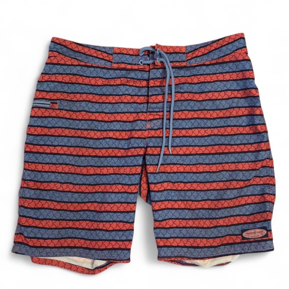 Vineyard Vines Angler Sz 34 Striped Board Shorts Coral Blue Fish Scales Unlined